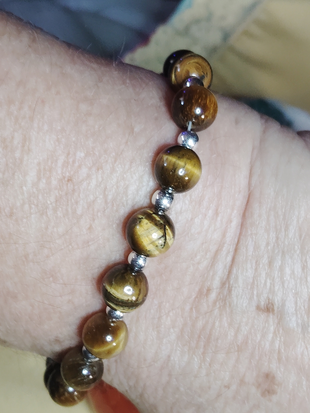 NWT- NATURAL GOLDEN/ BROWN-TIGERS EYE, STERLING BEADED, MEN'S BRACELET - 8"-LONG